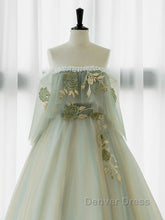 A-Line Green Tulle Lace Long Prom Dresses, Green Tulle Lace Long Formal Dresses